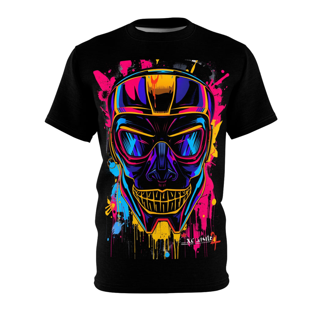 Neon Skull Helmet Tee - Colorful Graffiti Motorcycle Skull T‑Shirt