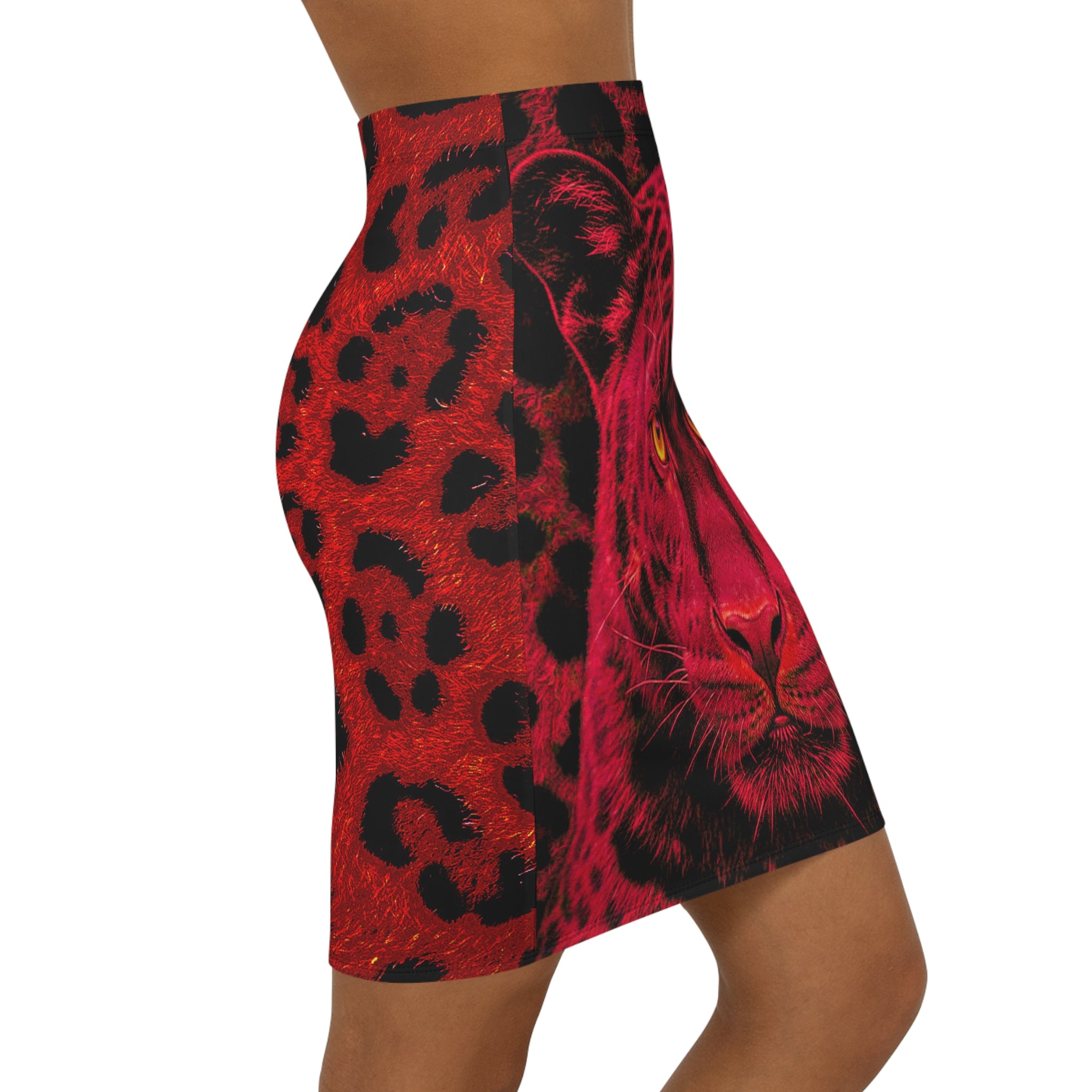 Red Leopard Print Pencil Skirt — Bold Leopard Face All-Over Print