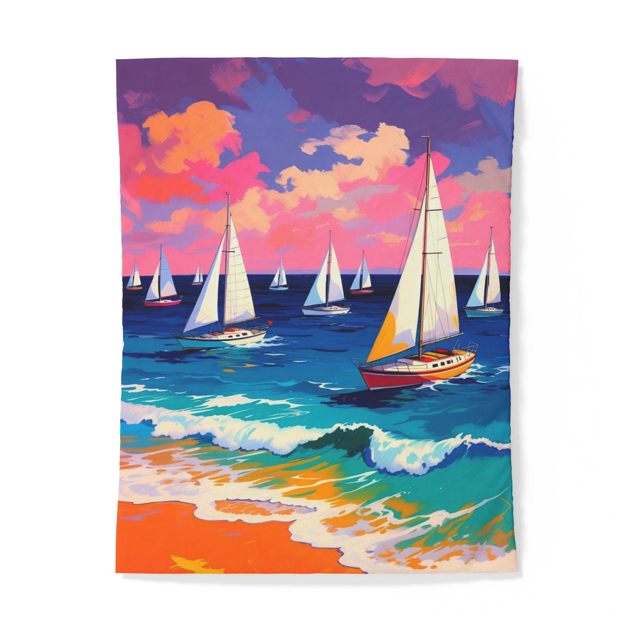 Sailboat Seascape Cotton Duvet Cover — Colorful Ocean Waves Beach Bedding