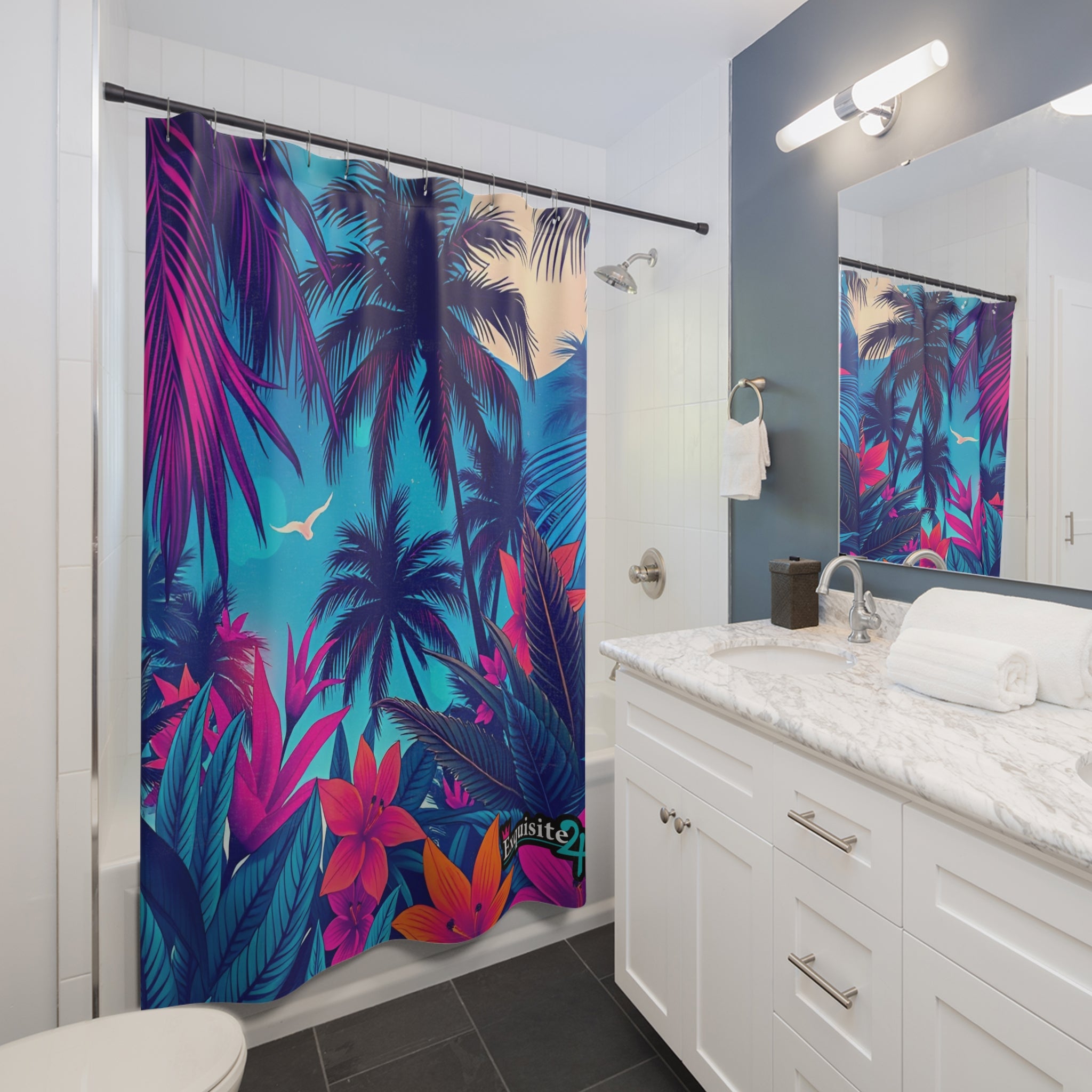 Tropical Palm Shower Curtain — Neon Beach Sunset Floral Design