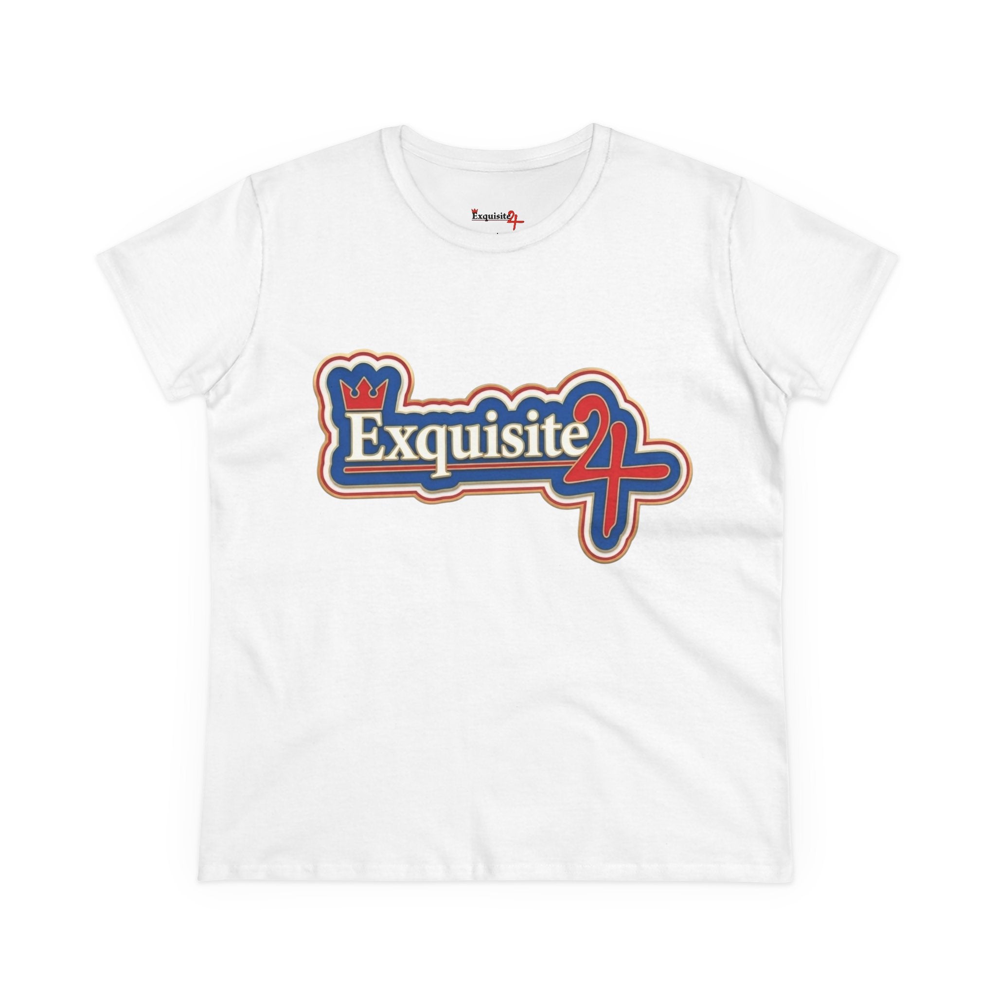 Exquisite 24 Sticker Logo Women's Graphic Tee – Blue with White and Red Rim