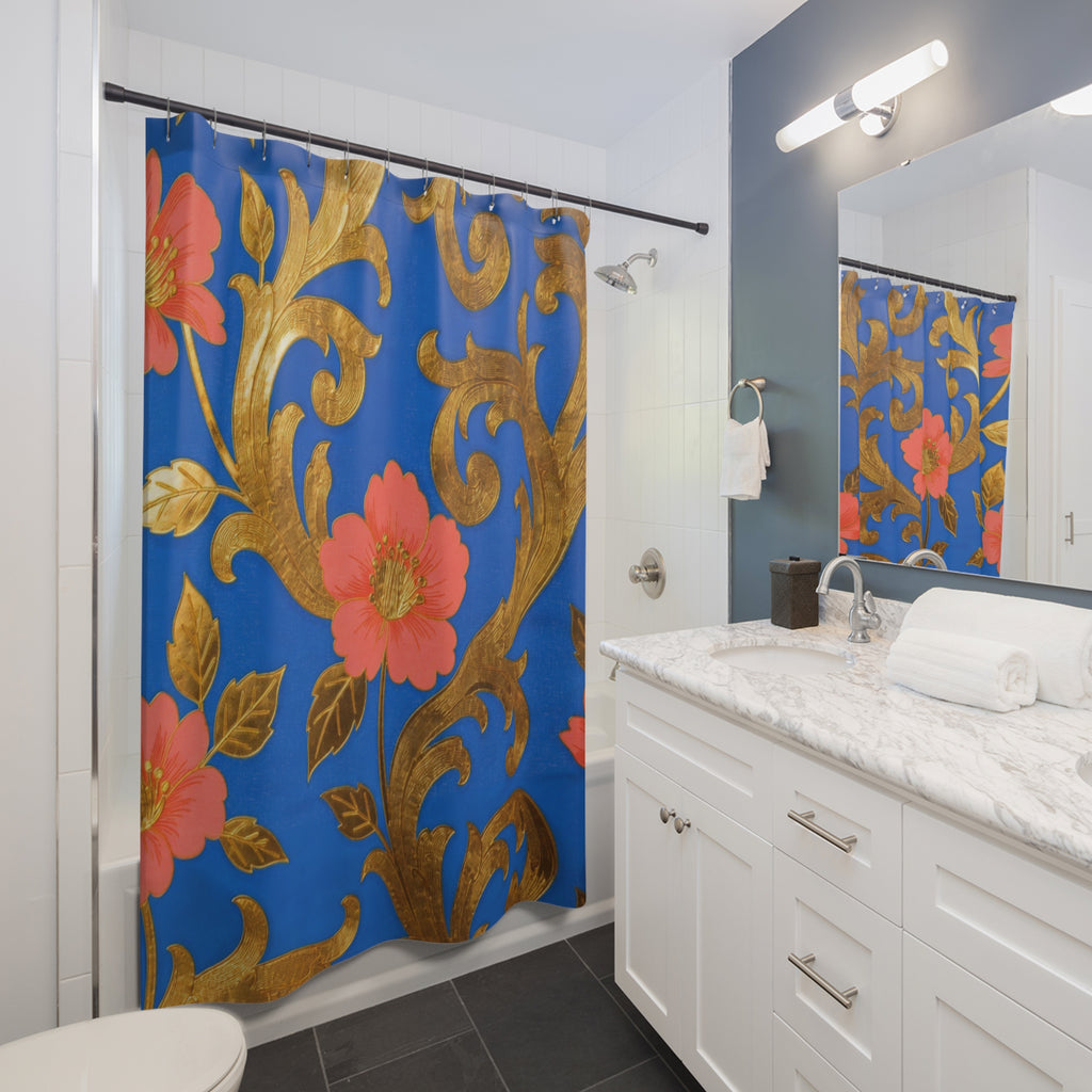 Floral Gold Scroll Shower Curtain — Blue & Coral Botanical Bathroom Decor