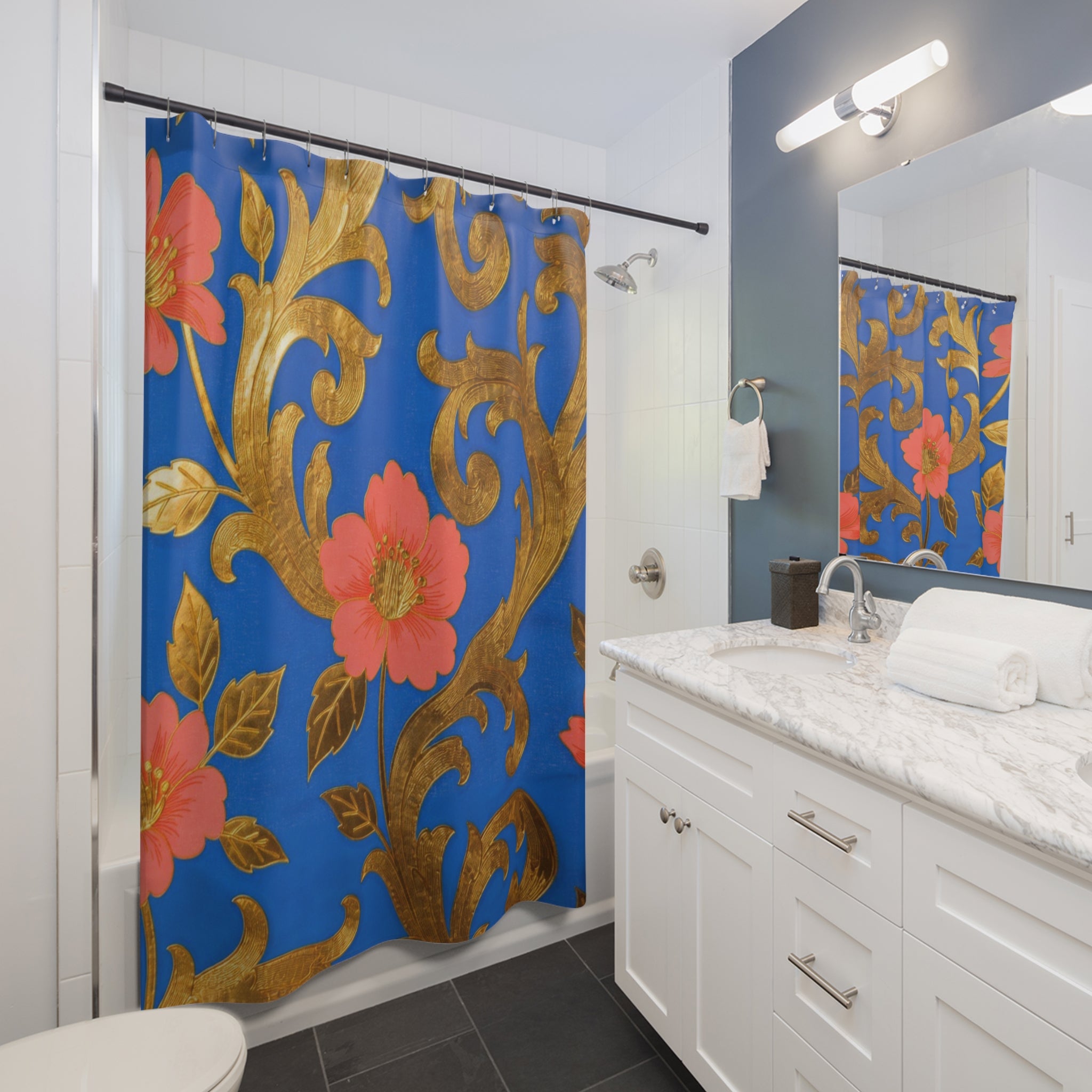 Floral Gold Scroll Shower Curtain — Blue & Coral Botanical Bathroom Decor