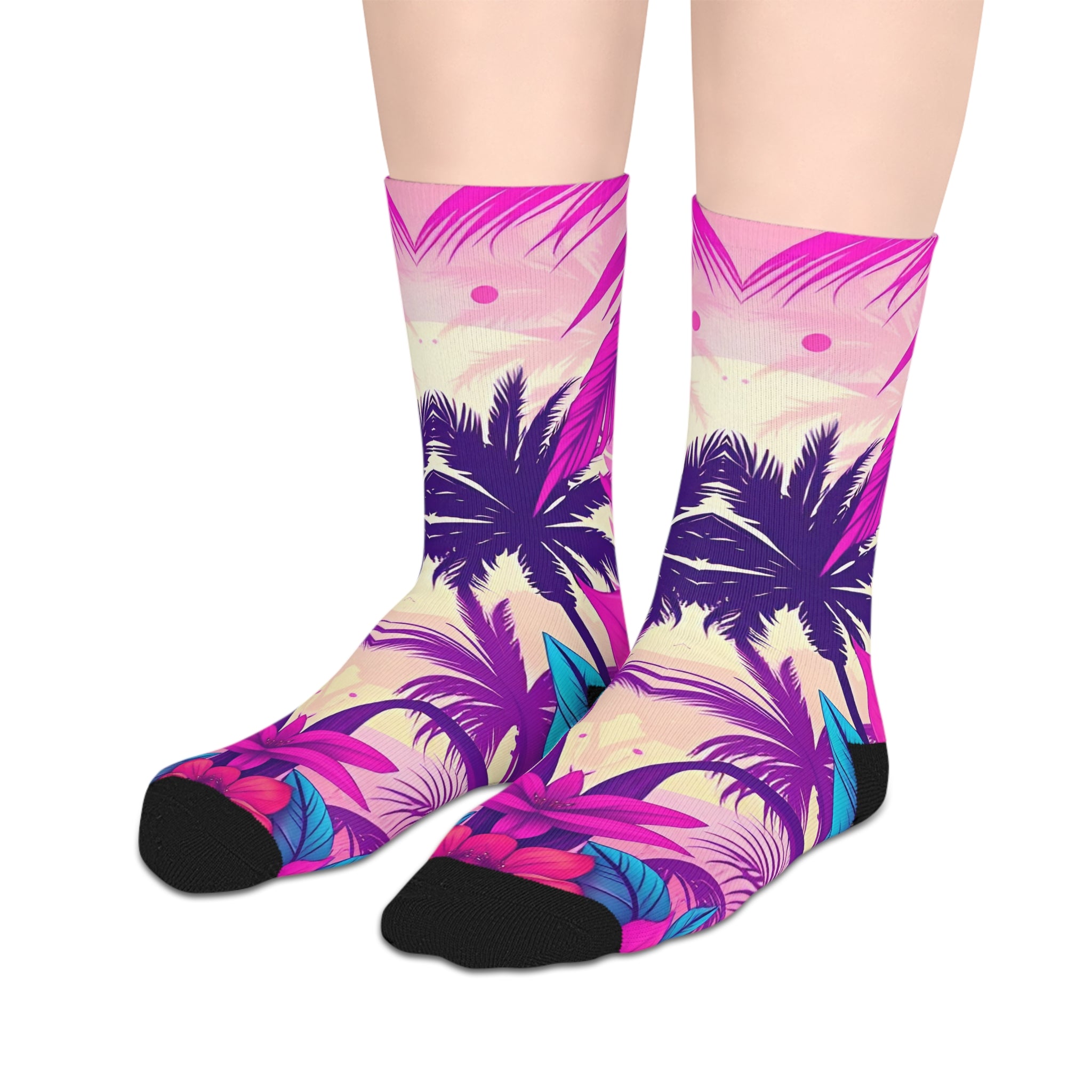 Vibrant Pink Tropical Palm Mid-Length Socks — Bold Summer Vacation Crew Socks
