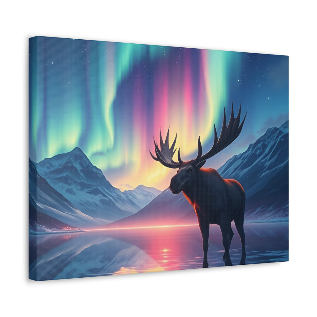 Aurora Moose Stretched Canvas – Northern Lights Landscape Wall Art