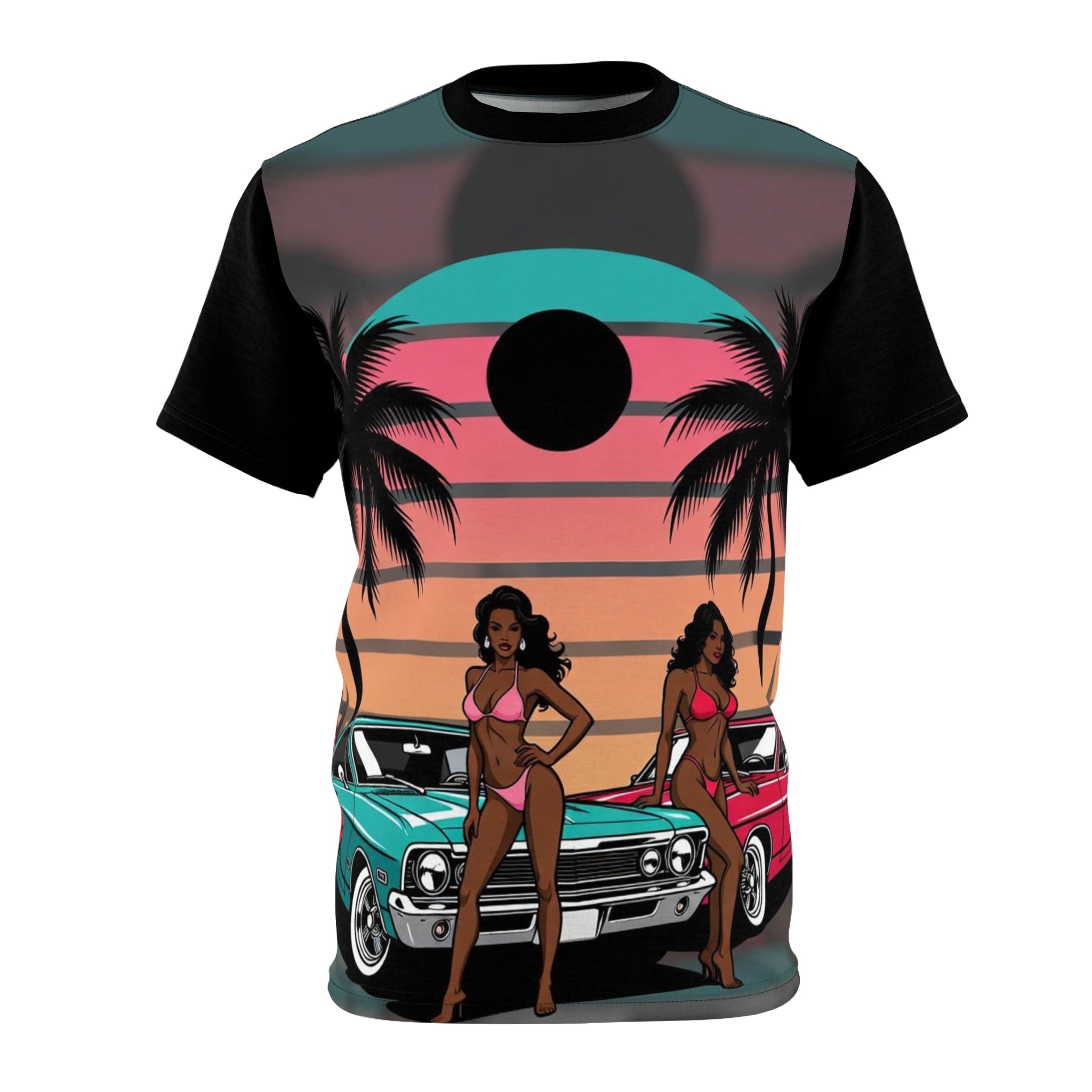 Retro Beach Pinup Tee — Vintage Cars, Palm Trees & Sunset Vibes
