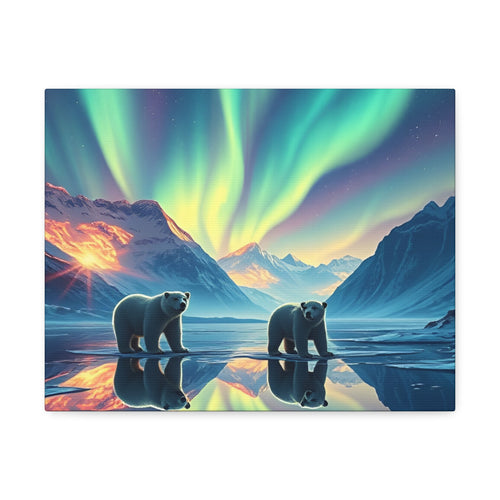 Aurora Polar Bears Stretched Canvas - Northern Lights Wildlife Wall Art