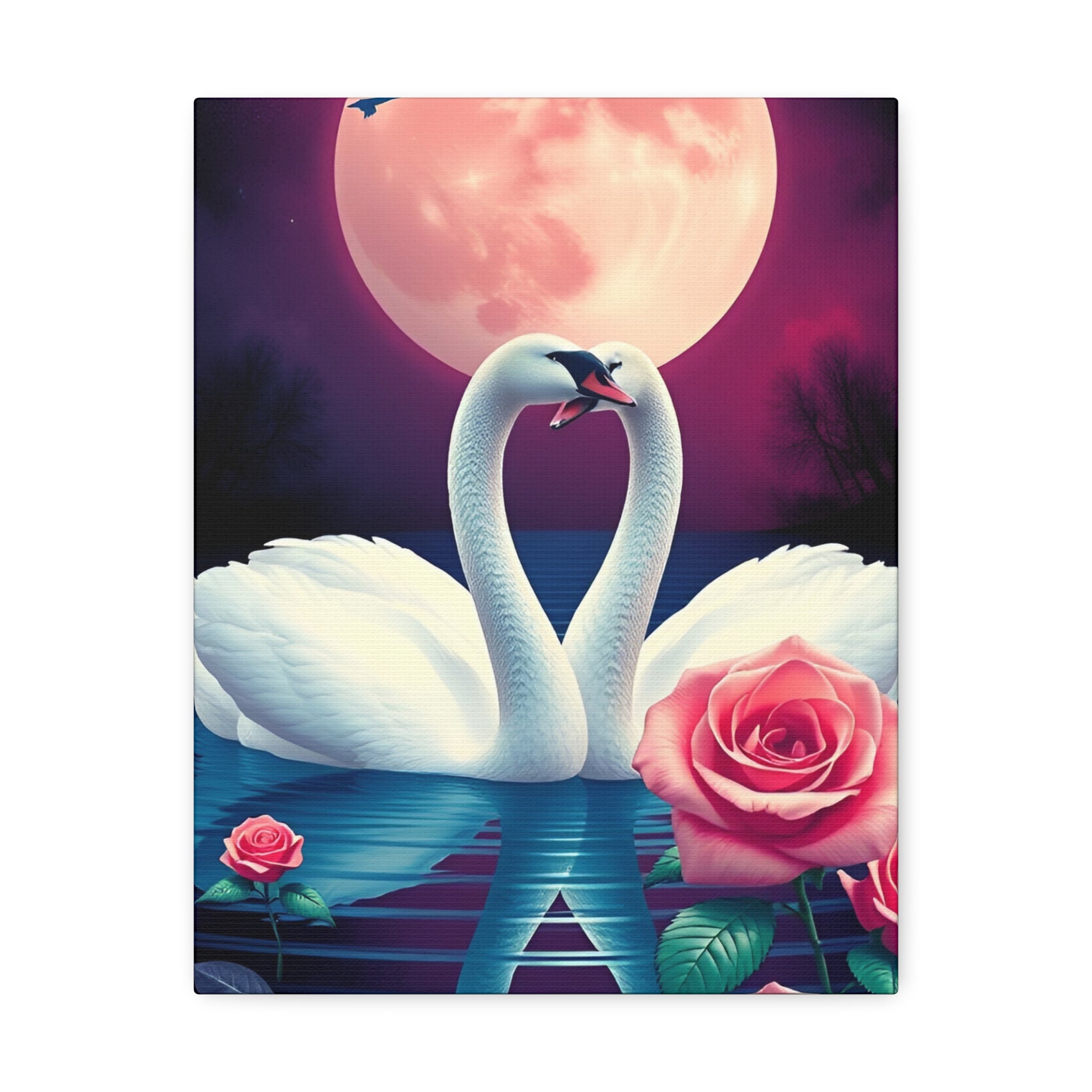 Swan Moon Stretched Canvas – Romantic Rose Lake Wall Art