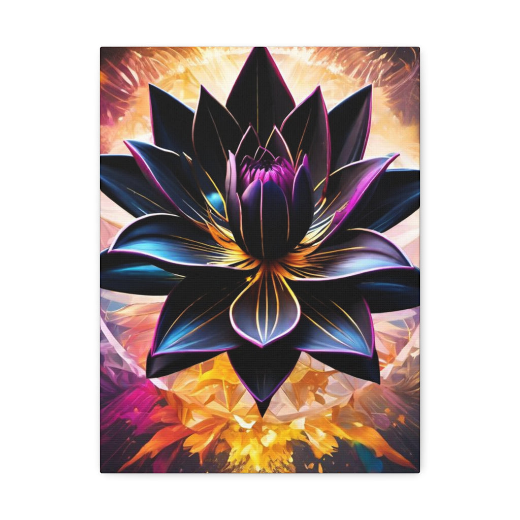 Black Lotus Bloom Canvas Wall Art - Vibrant Black & Gold Floral Stretched Canvas