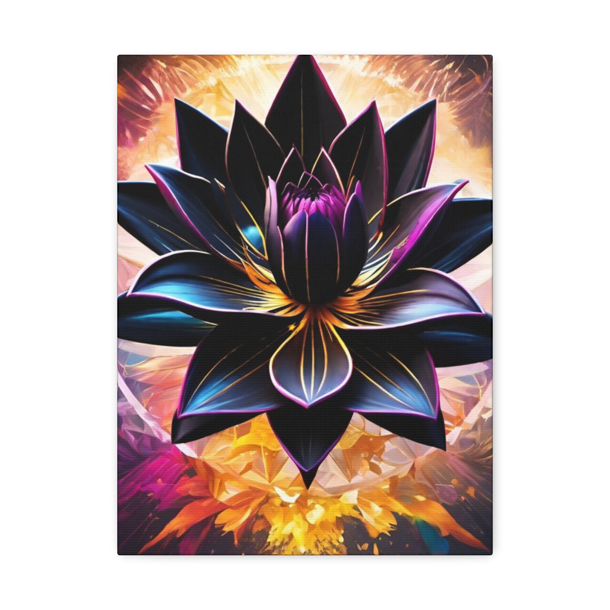 Black Lotus Bloom Canvas Wall Art - Vibrant Black & Gold Floral Stretched Canvas