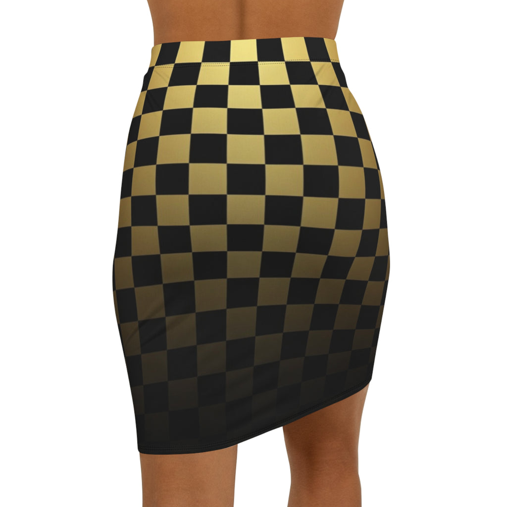 Gold & Black Checker Pencil Skirt — Sleek Retro Racing Pattern