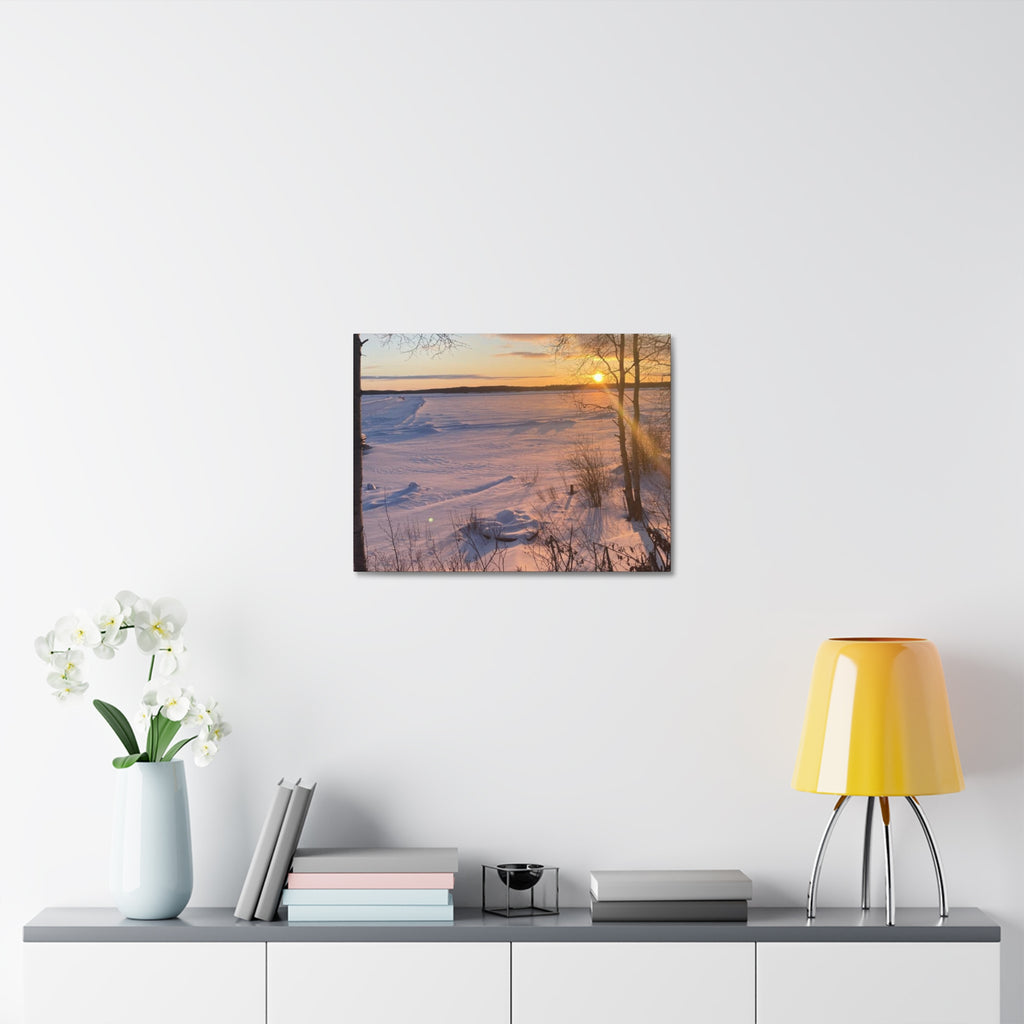 Sunset over Frozen Lake Stretched Canvas Wall Art