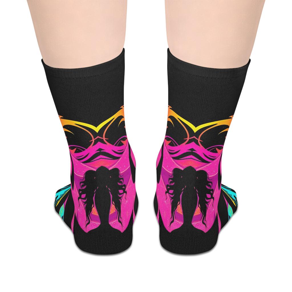 Neon Butterfly Silhouette Mid-Calf Socks — Vibrant Pink & Teal Psychedelic Pattern