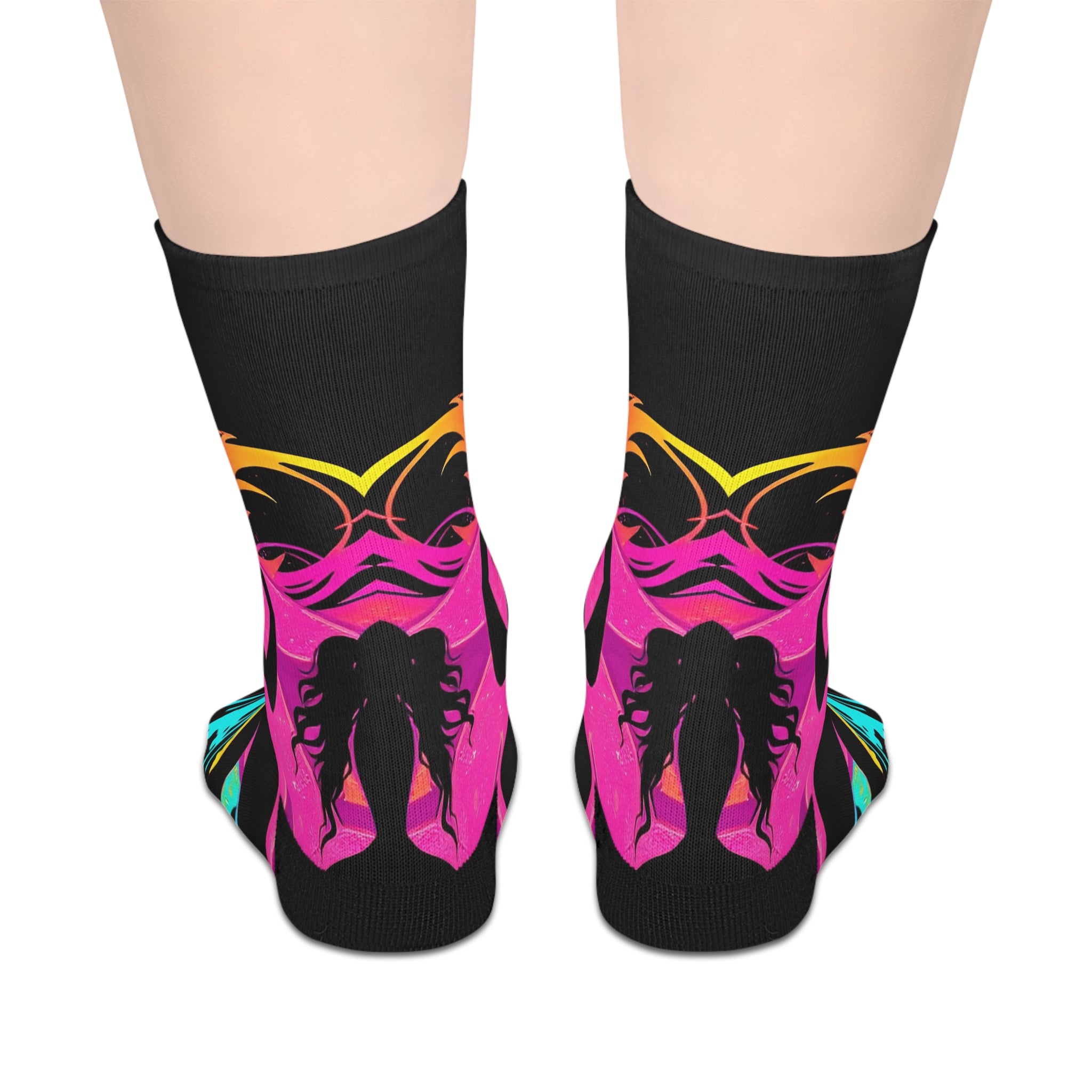 Neon Butterfly Silhouette Mid-Calf Socks — Vibrant Pink & Teal Psychedelic Pattern