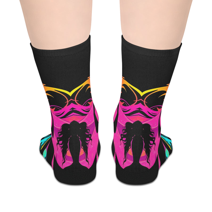 Neon Butterfly Silhouette Mid-Calf Socks