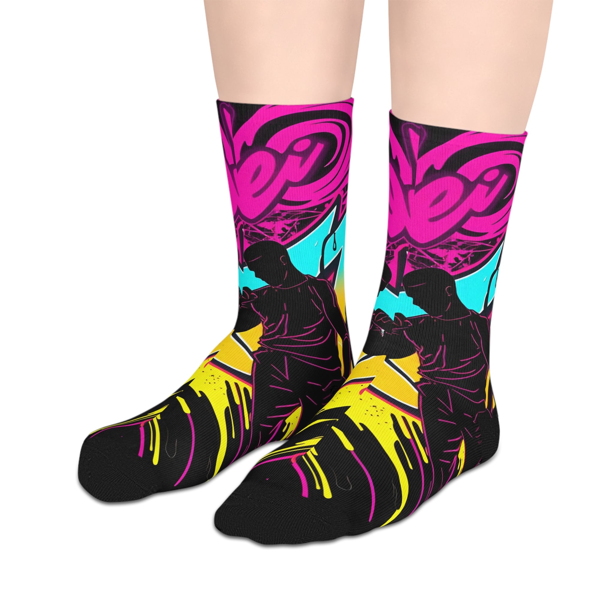 Vibrant Neon Tribal Mid-Length Socks — Bold Pink, Aqua & Yellow Graphic Design