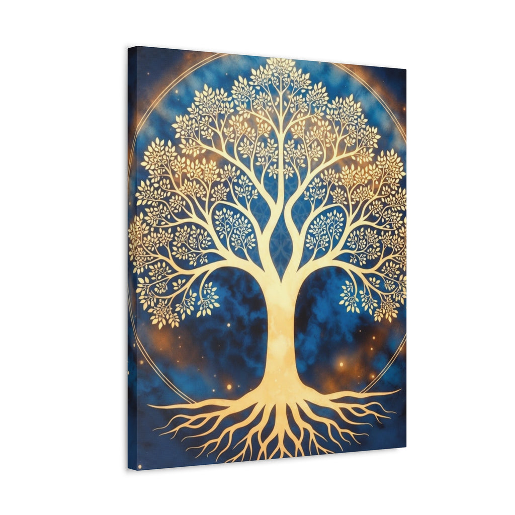Golden Tree of Life Stretched Canvas - Blue Spiritual Wall Art