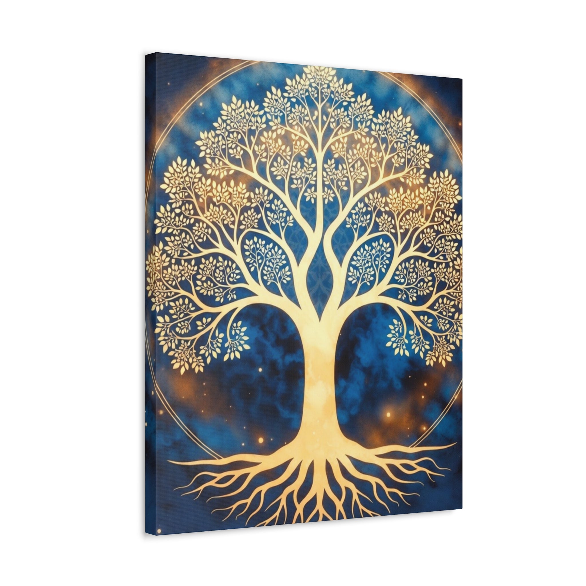 Golden Tree of Life Stretched Canvas - Blue Spiritual Wall Art