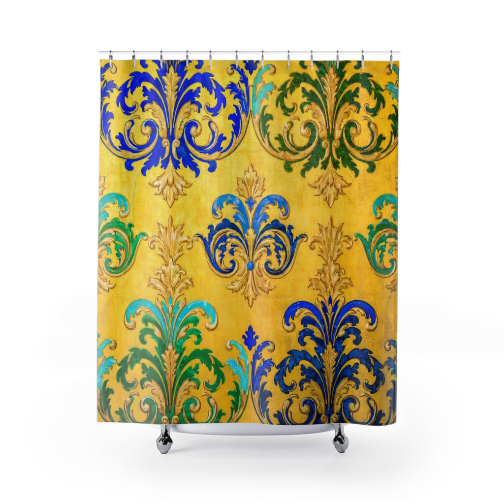 Baroque Fleur-de-Lis Shower Curtain — Gold, Blue & Green Ornamental Bathroom Decor