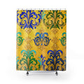 Baroque Fleur-de-Lis Shower Curtain — Gold, Blue & Green Ornamental Bathroom Decor