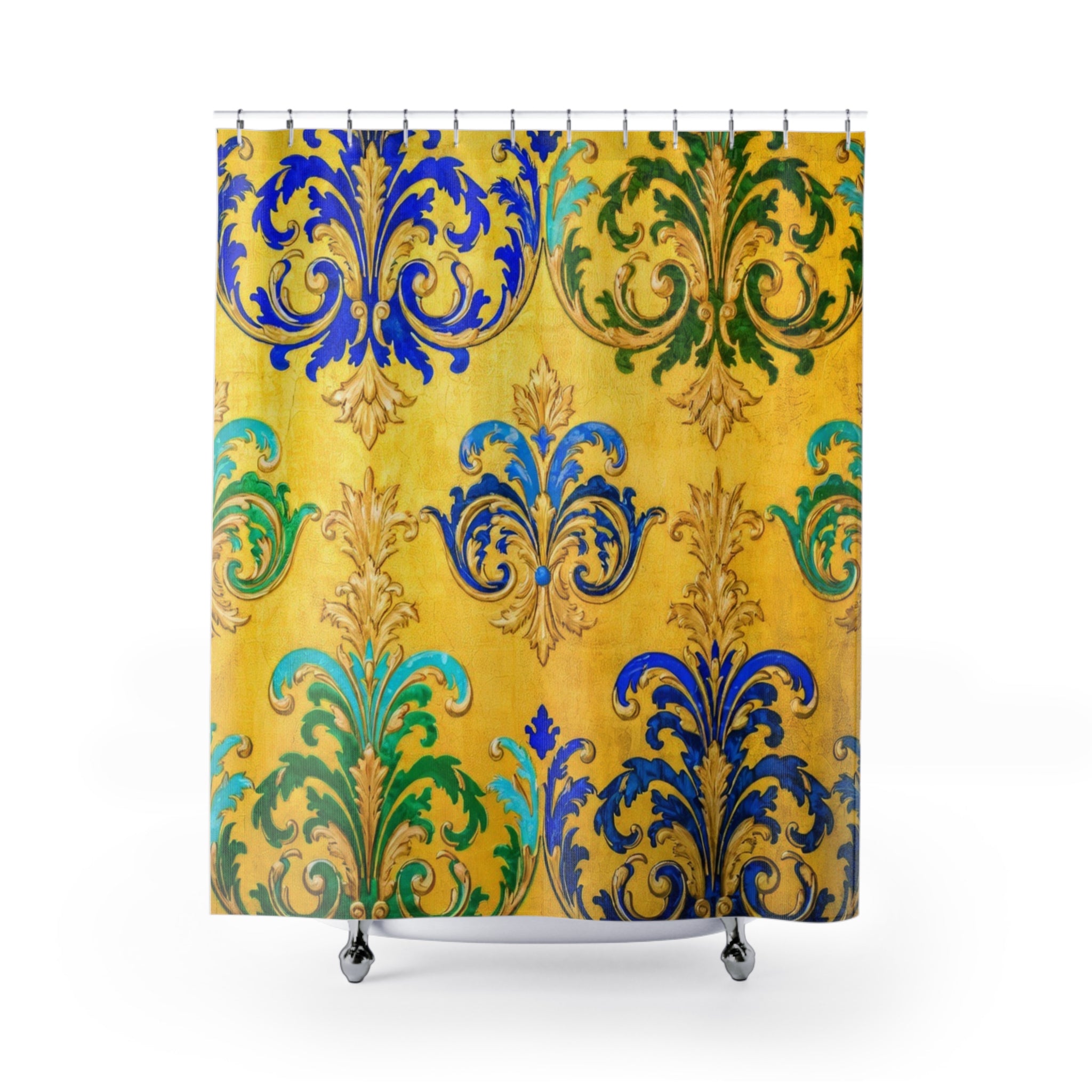 Baroque Fleur-de-Lis Shower Curtain — Gold, Blue & Green Ornamental Bathroom Decor