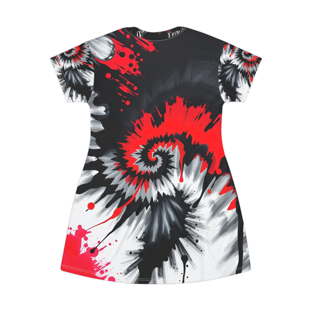 Red Black Tie-Dye Spiral T-Shirt Dress — Edgy Abstract Swirl Print