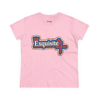 Exquisite 24 Sticker Logo Women's Graphic Tee – Blue with White and Red Rim