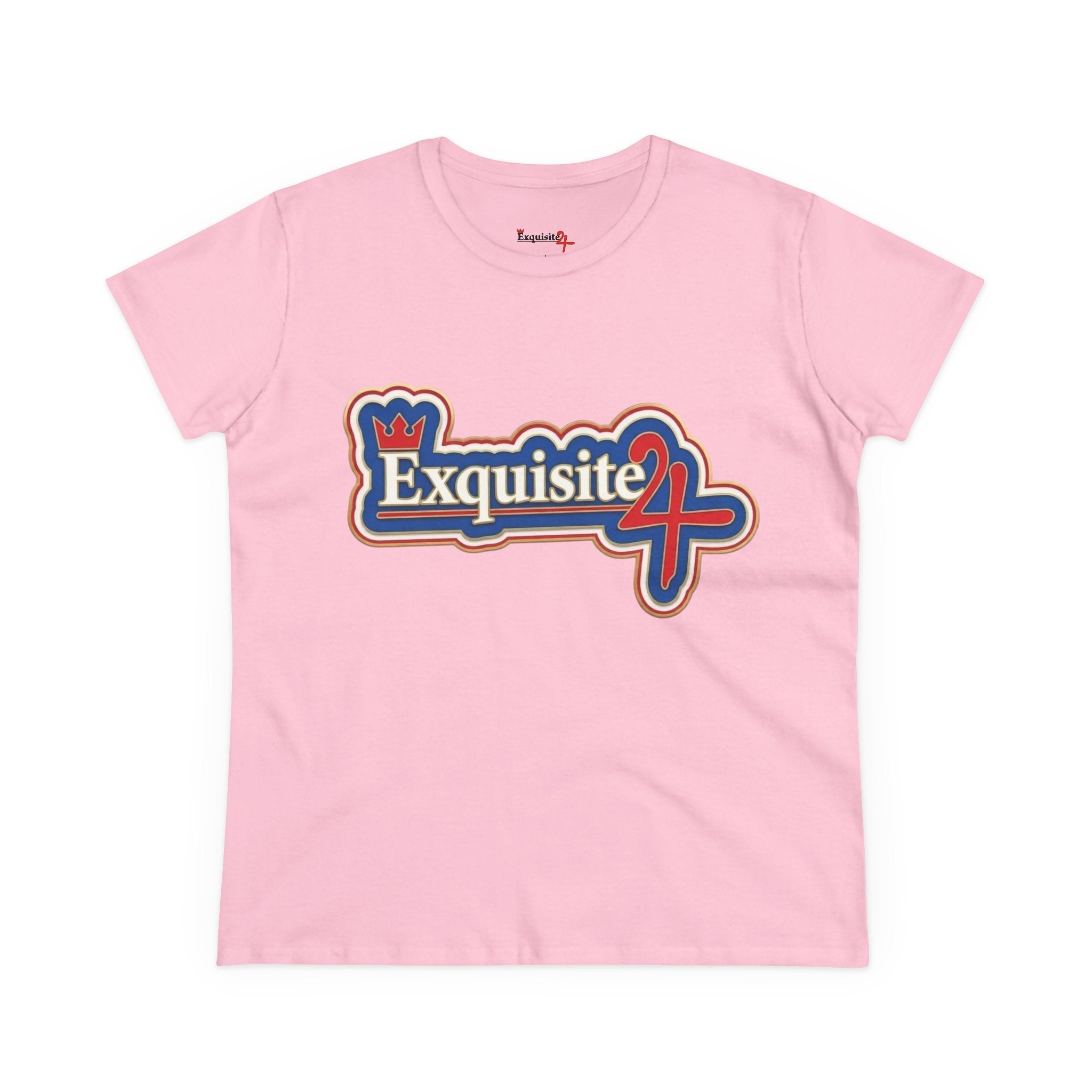 Exquisite 24 Sticker Logo Women's Graphic Tee – Blue with White and Red Rim
