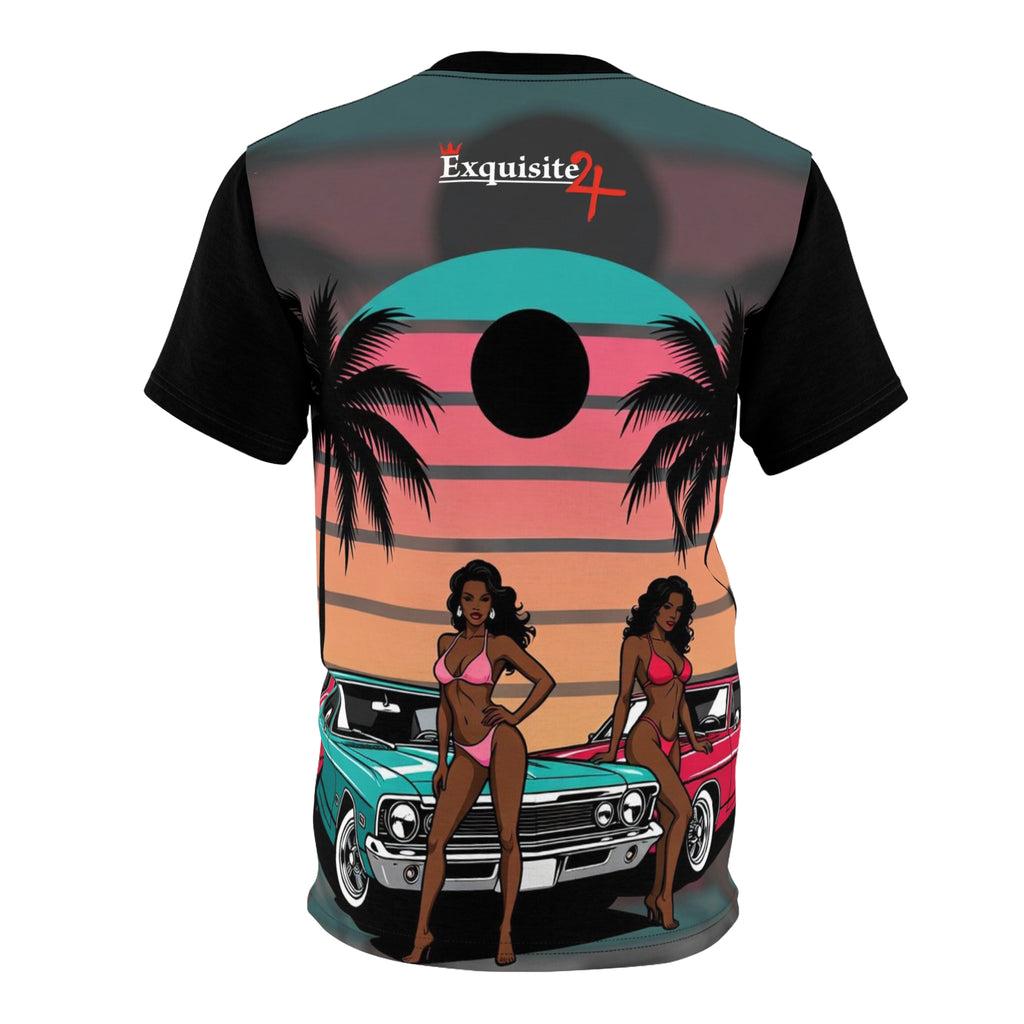 Retro Beach Pinup Tee — Vintage Cars, Palm Trees & Sunset Vibes