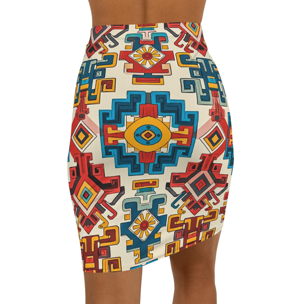Boho Aztec Pencil Skirt — Colorful Geometric Print Mid-Waist Skirt