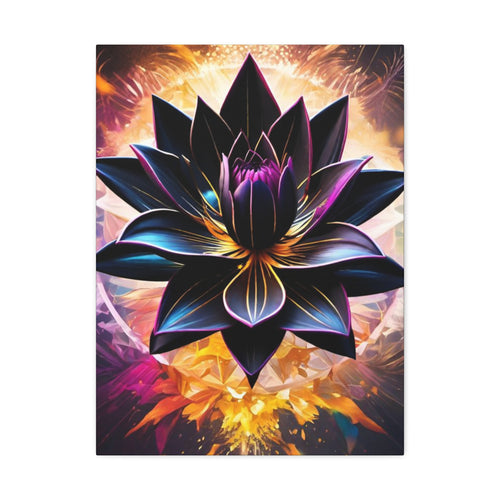 Black Lotus Bloom Canvas Wall Art - Vibrant Black & Gold Floral Stretched Canvas
