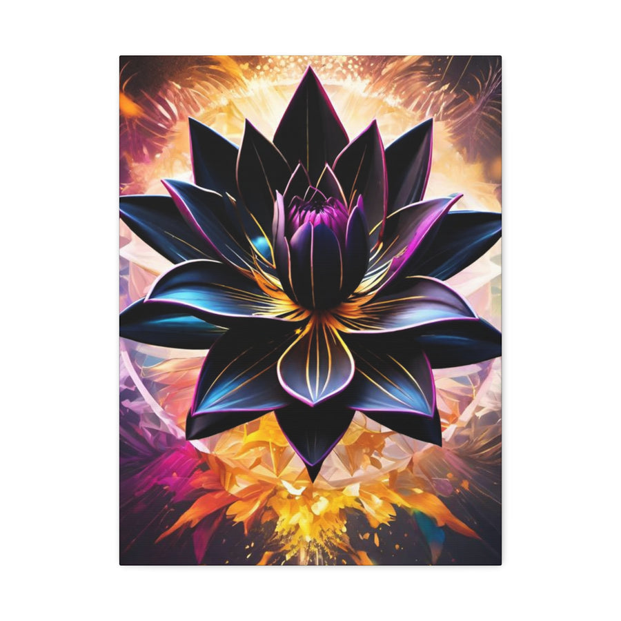 Black Lotus Bloom Canvas Wall Art - Vibrant Black & Gold Floral Stretched Canvas