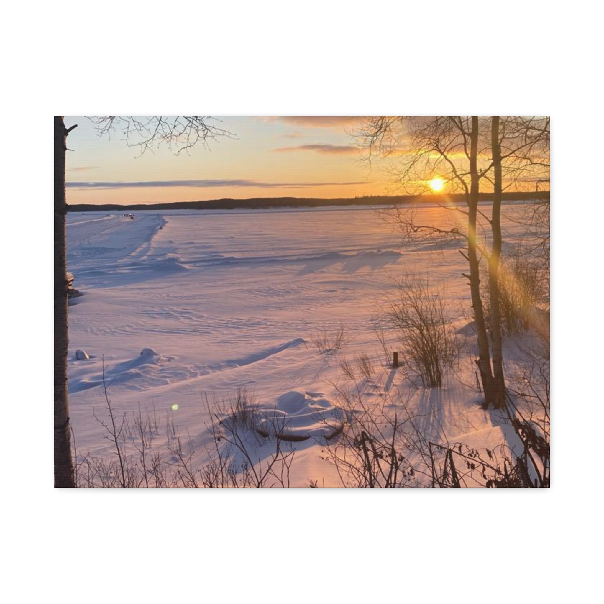 Sunset over Frozen Lake Stretched Canvas Wall Art