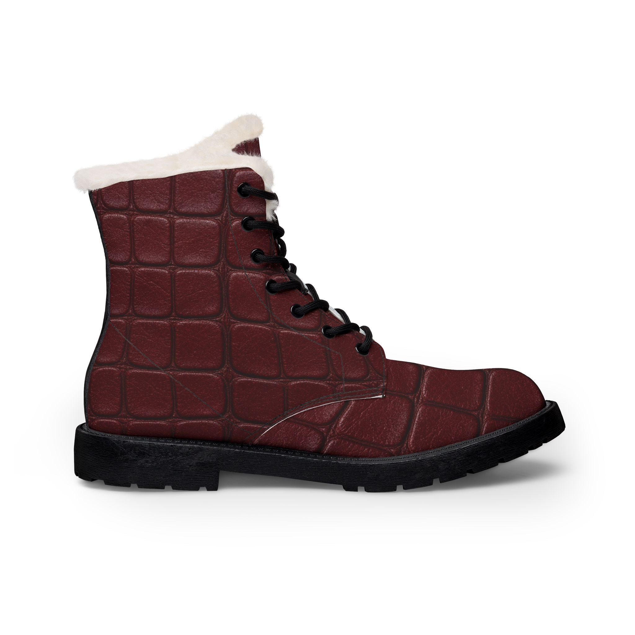 Women's Burgundy Crocodile Print Leather Fur-Lined Boots