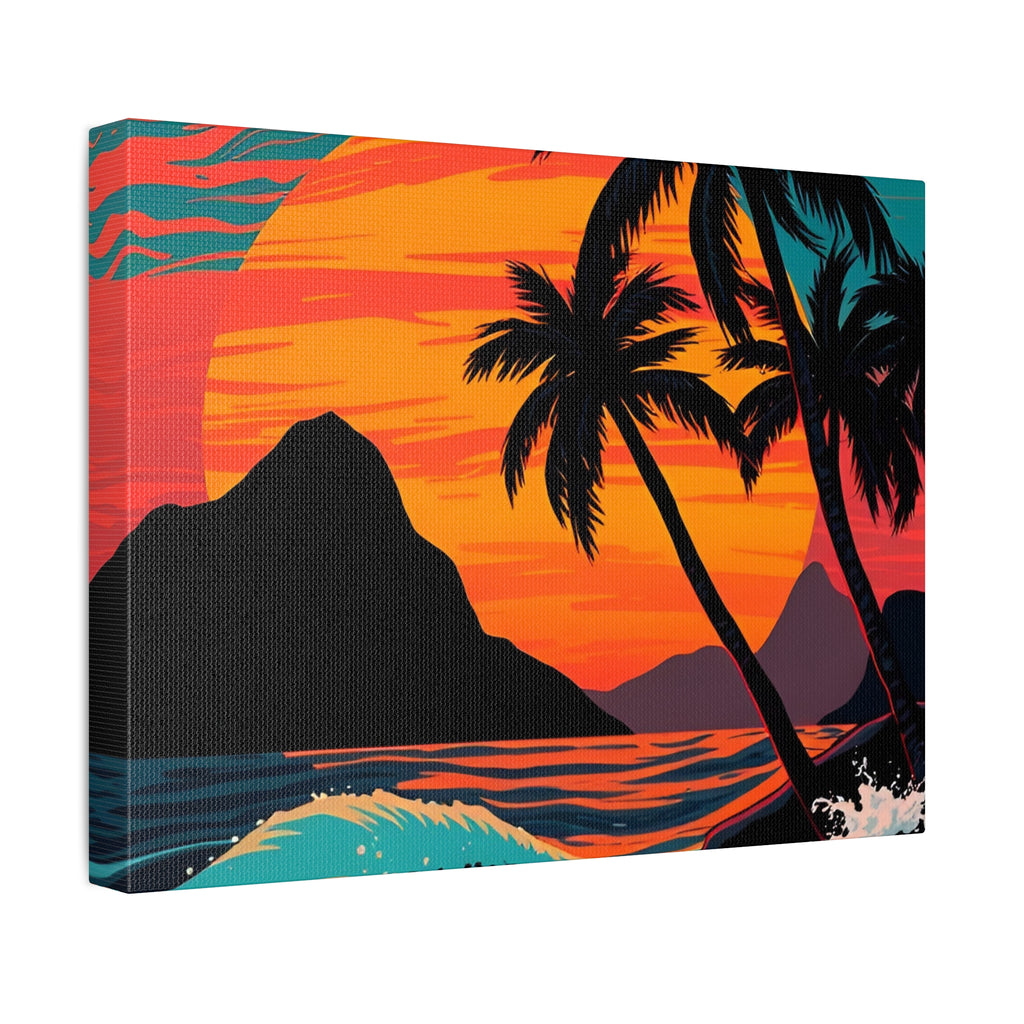 Tropical Sunset Canvas Wall Art — Palm Trees and Ocean Waves Stretched Canvas