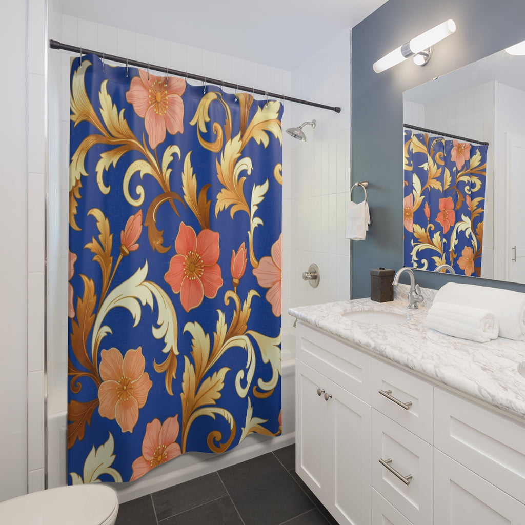 Elegant Blue Floral Shower Curtain — Gold Scroll & Peach Blooms