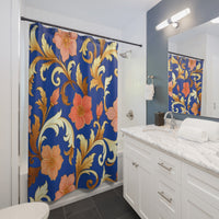 Elegant Blue Floral Shower Curtain — Gold Scroll & Peach Blooms