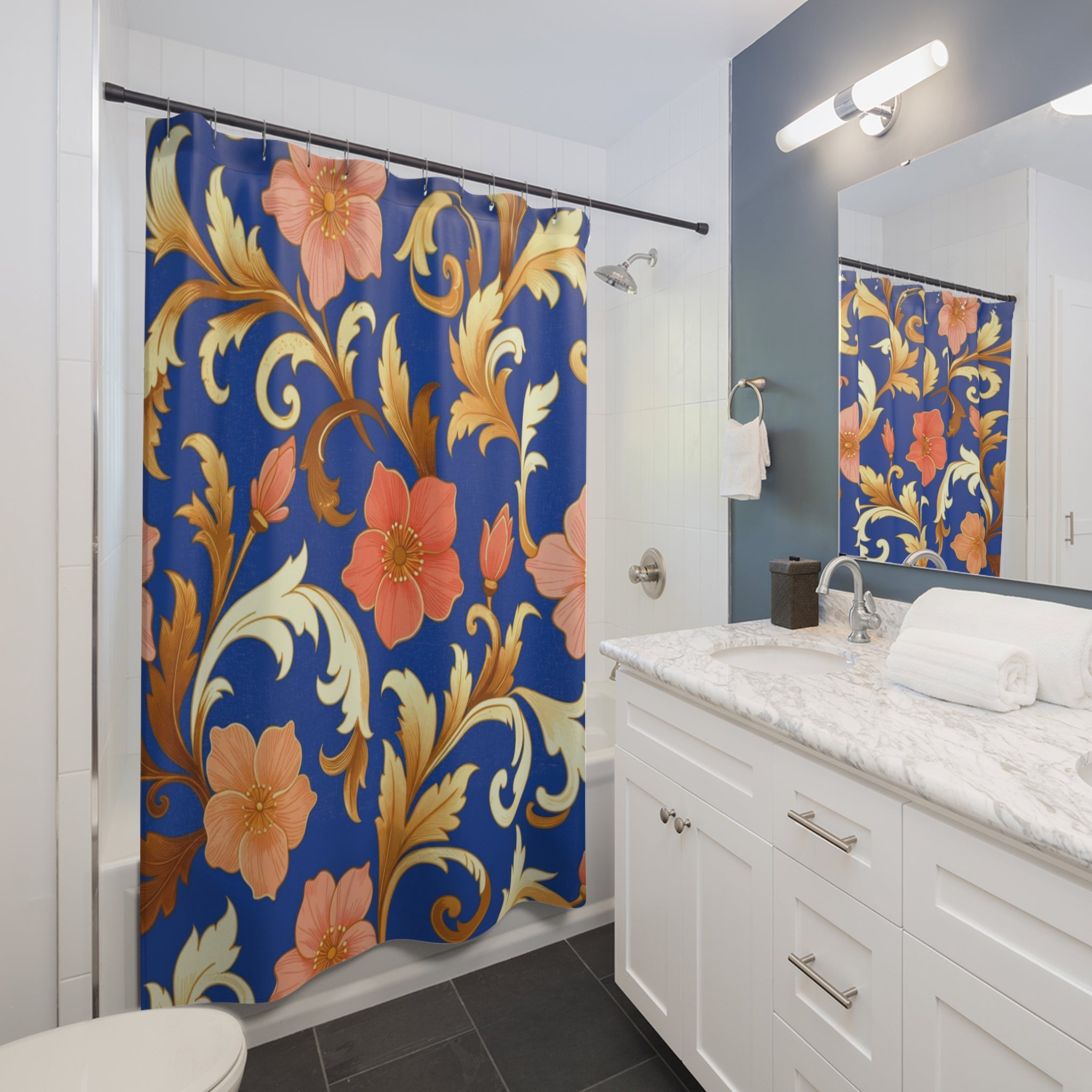 Elegant Blue Floral Shower Curtain — Gold Scroll & Peach Blooms