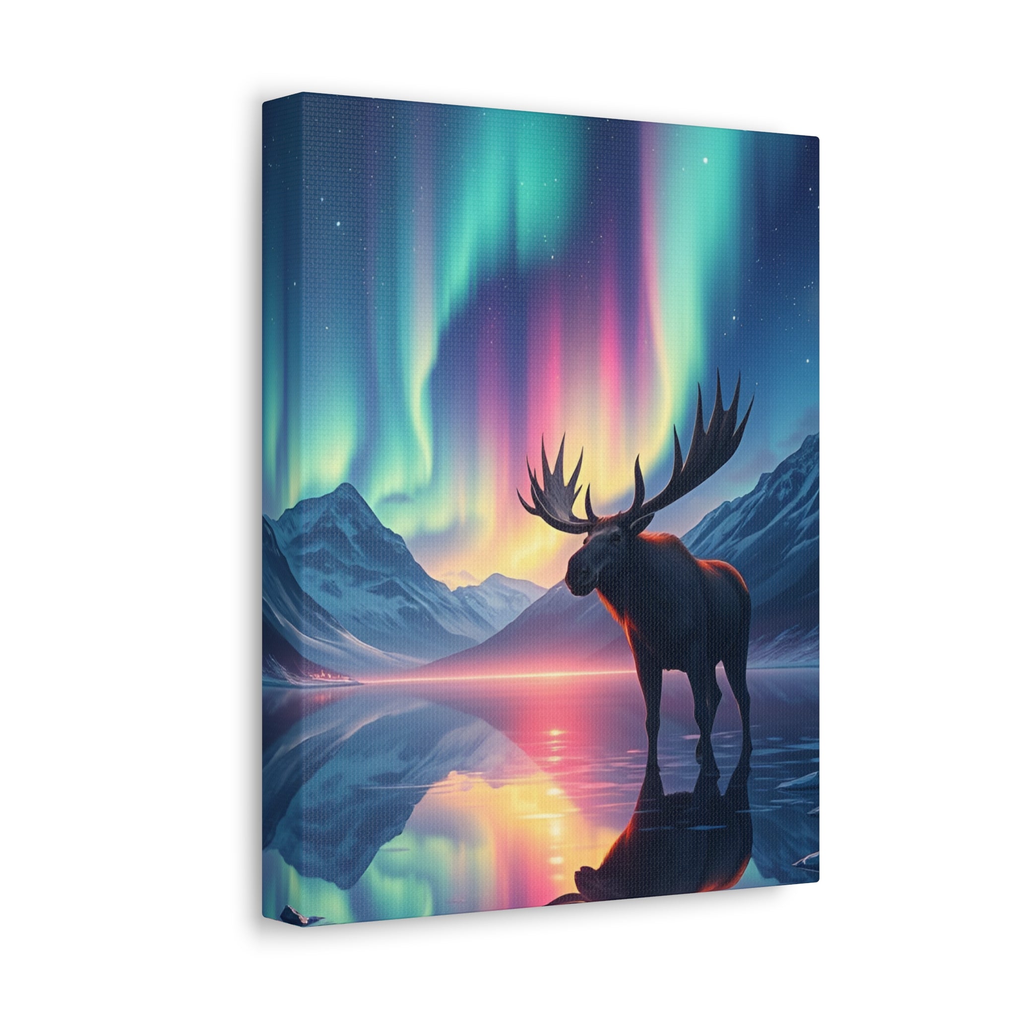 Aurora Moose Stretched Canvas – Northern Lights Landscape Wall Art