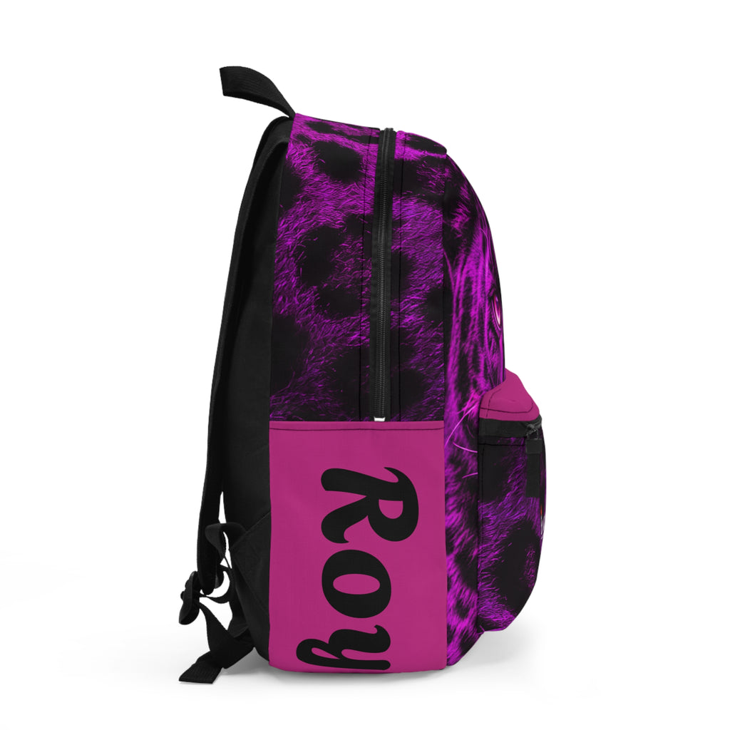Purple Leopard Backpack with 'Exquisite 24' Logo — Bold Animal Print School & Travel Bag