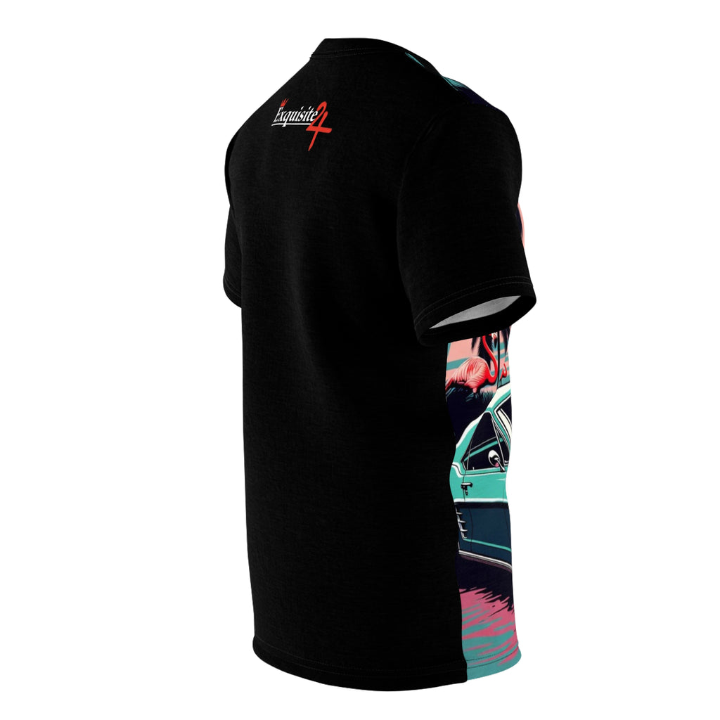 Retro Flamingo Muscle Car Tee — Vintage Tropical Sunset All-Over Print Shirt