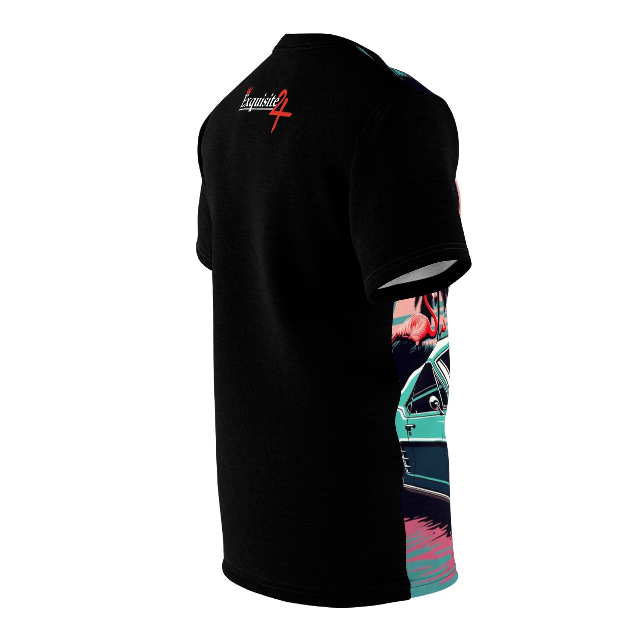 Retro Flamingo Muscle Car Tee — Vintage Tropical Sunset All-Over Print Shirt