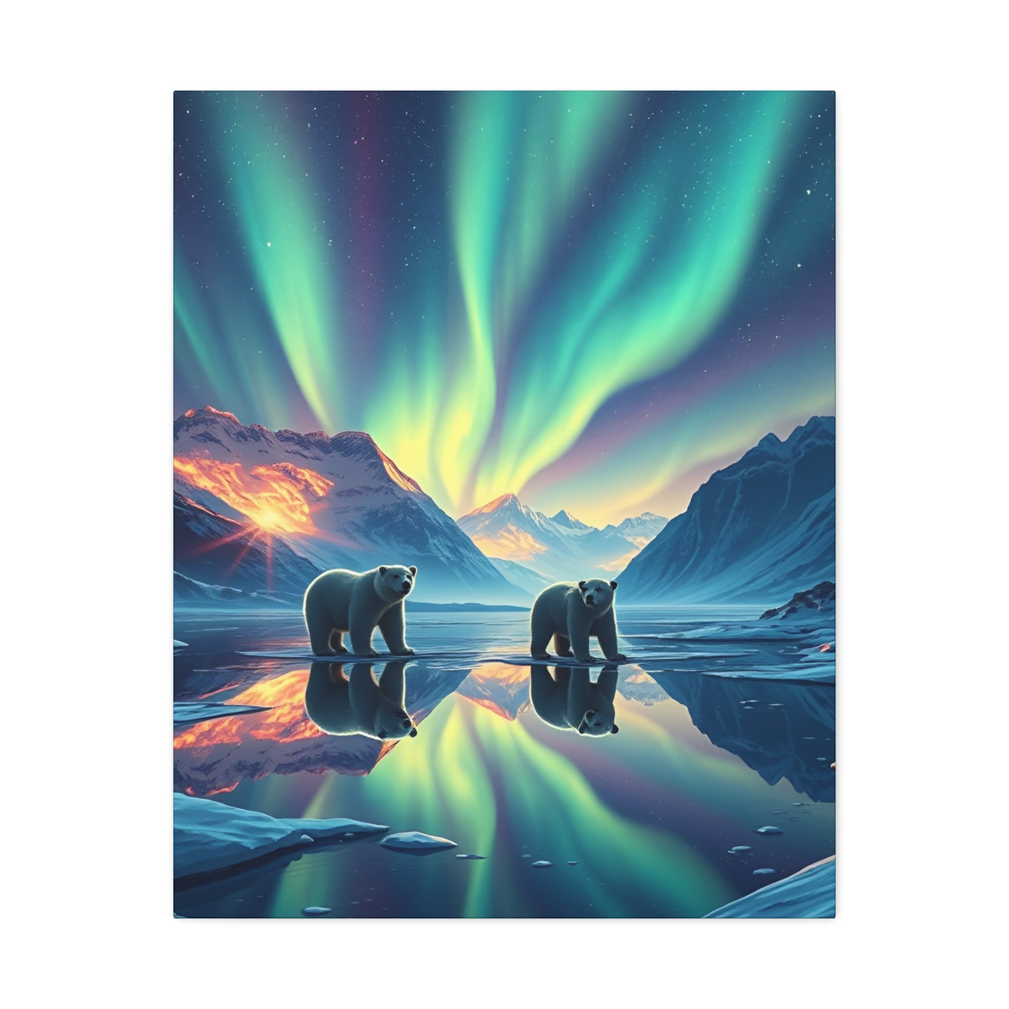 Aurora Polar Bears Stretched Canvas - Northern Lights Wildlife Wall Art