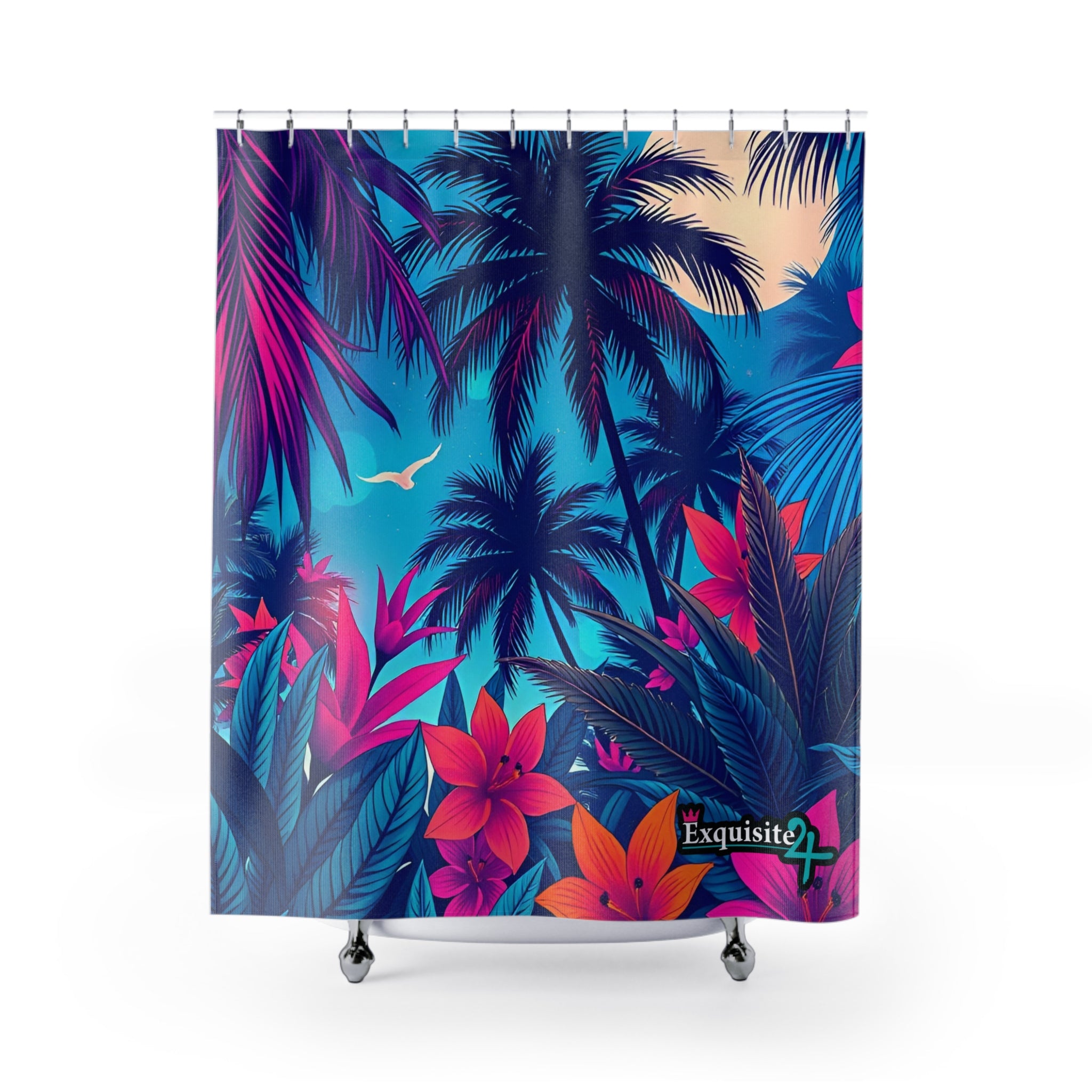 Tropical Palm Shower Curtain — Neon Beach Sunset Floral Design