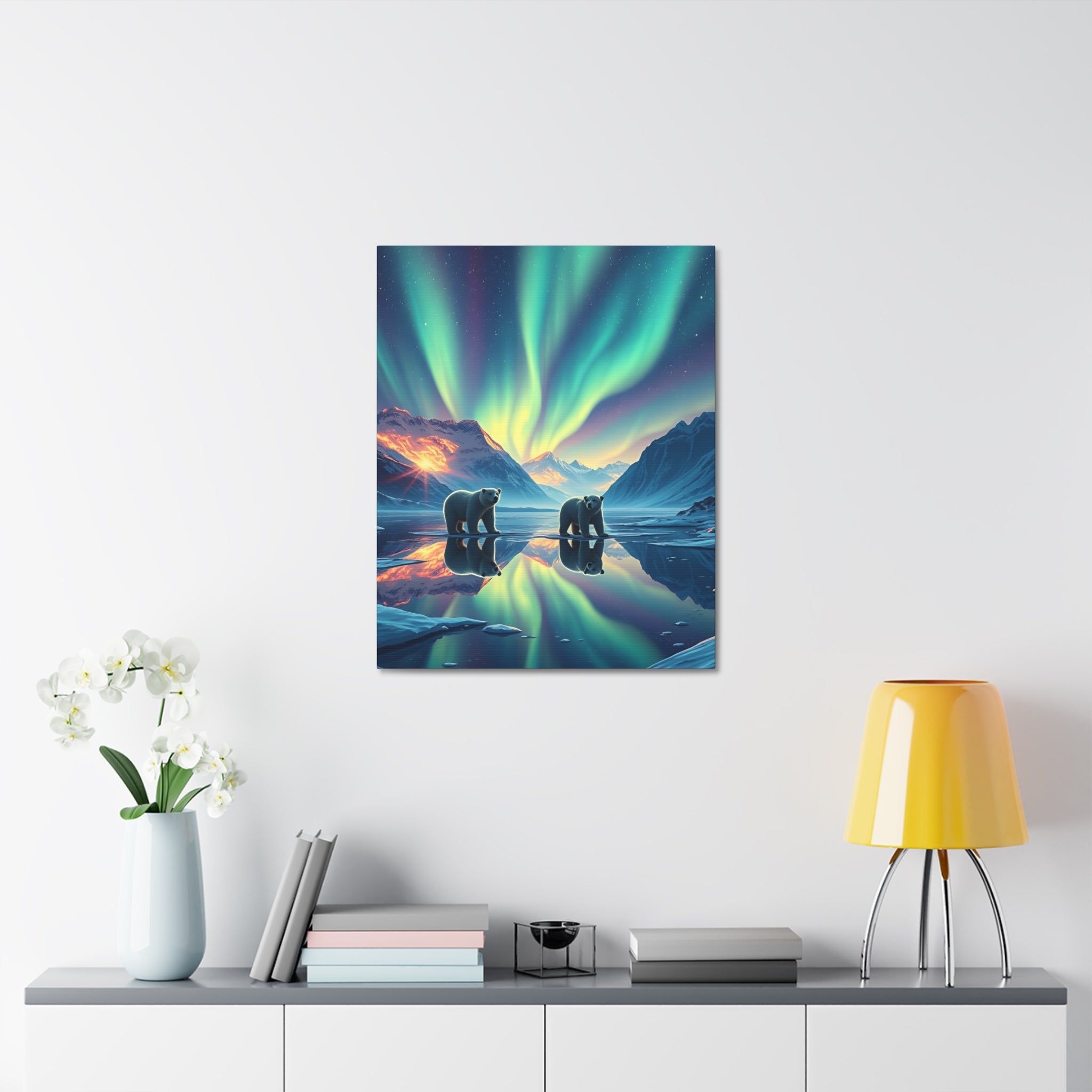 Aurora Polar Bears Stretched Canvas - Northern Lights Wildlife Wall Art