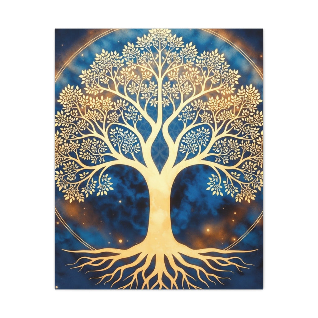 Golden Tree of Life Stretched Canvas - Blue Spiritual Wall Art