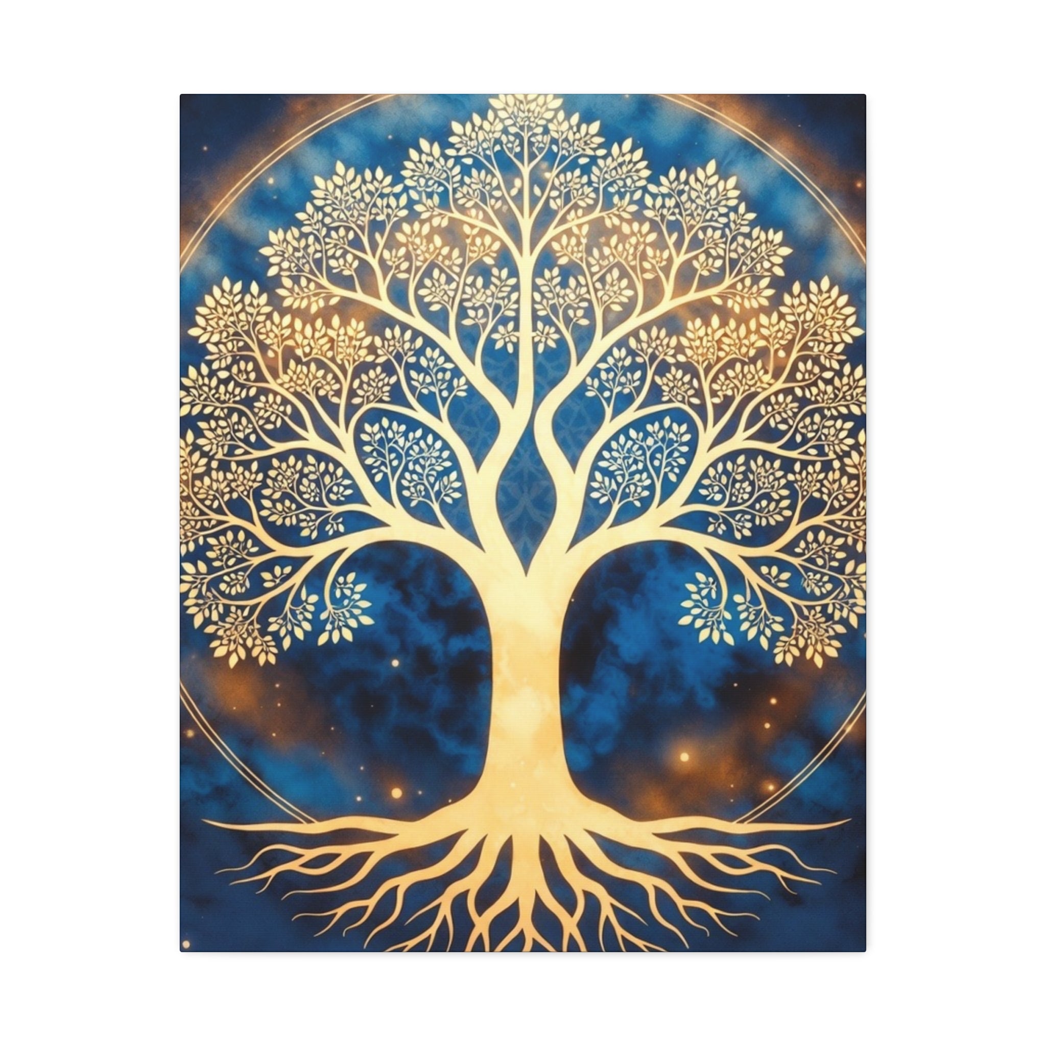 Golden Tree of Life Stretched Canvas - Blue Spiritual Wall Art