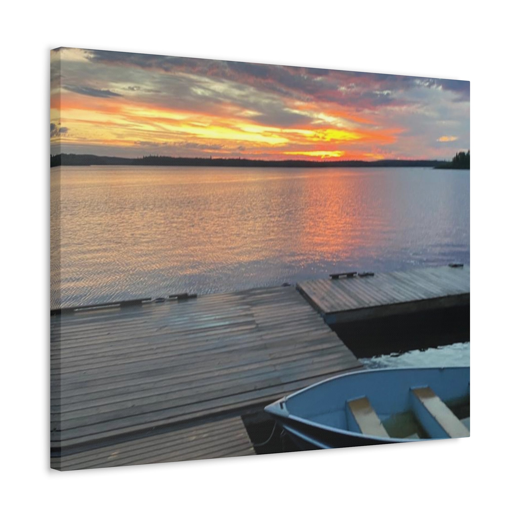 Sunset Lake Dock Stretched Canvas - Tranquil Waterfront Wall Art