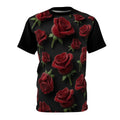 Rose Pattern Tee — Red Roses All-Over Print Black Graphic Shirt