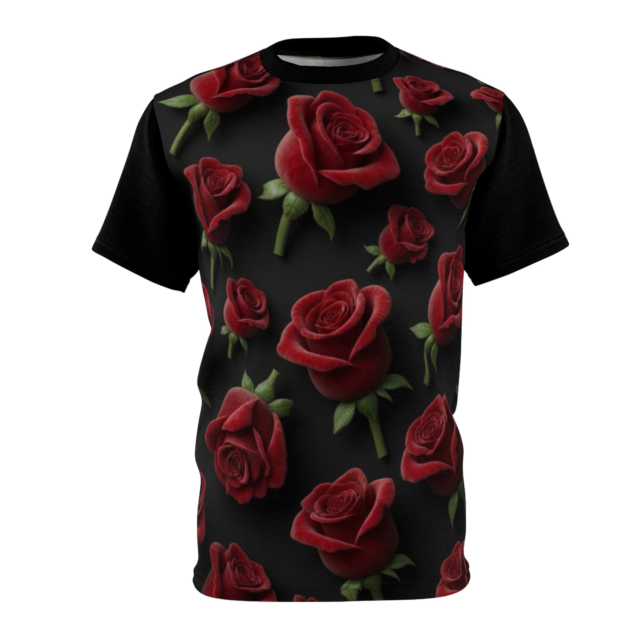 Rose Pattern Tee — Red Roses All-Over Print Black Graphic Shirt